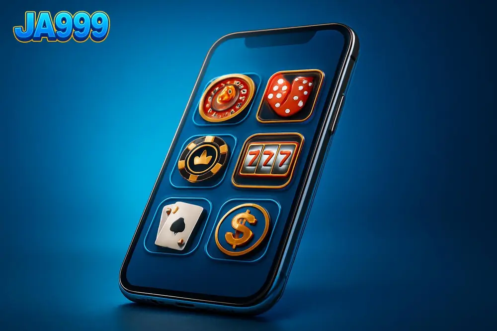 JA999 Bangladesh โ a smartphone glowing with colorful casino game icons on a blue background JA999 Bangladesh โ a smartphone glowing with colorful casino game icons on a blue background