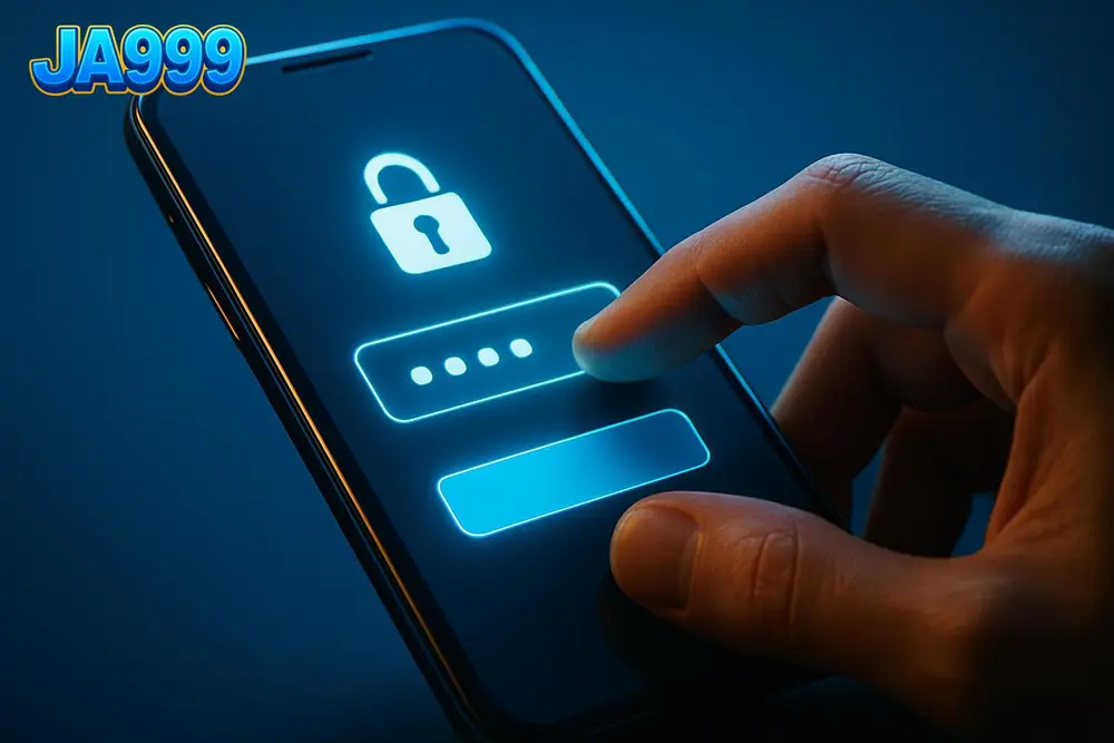 JA999 Login โ a hand entering a password on a glowing smartphone login screen JA999 Login โ a hand entering a password on a glowing smartphone login screen