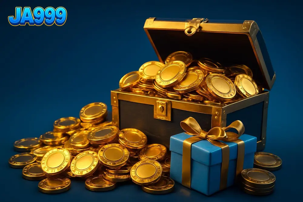 JA999 signup bonus โ an overflowing treasure chest of golden casino chips and gift boxes JA999 signup bonus โ an overflowing treasure chest of golden casino chips and gift boxes